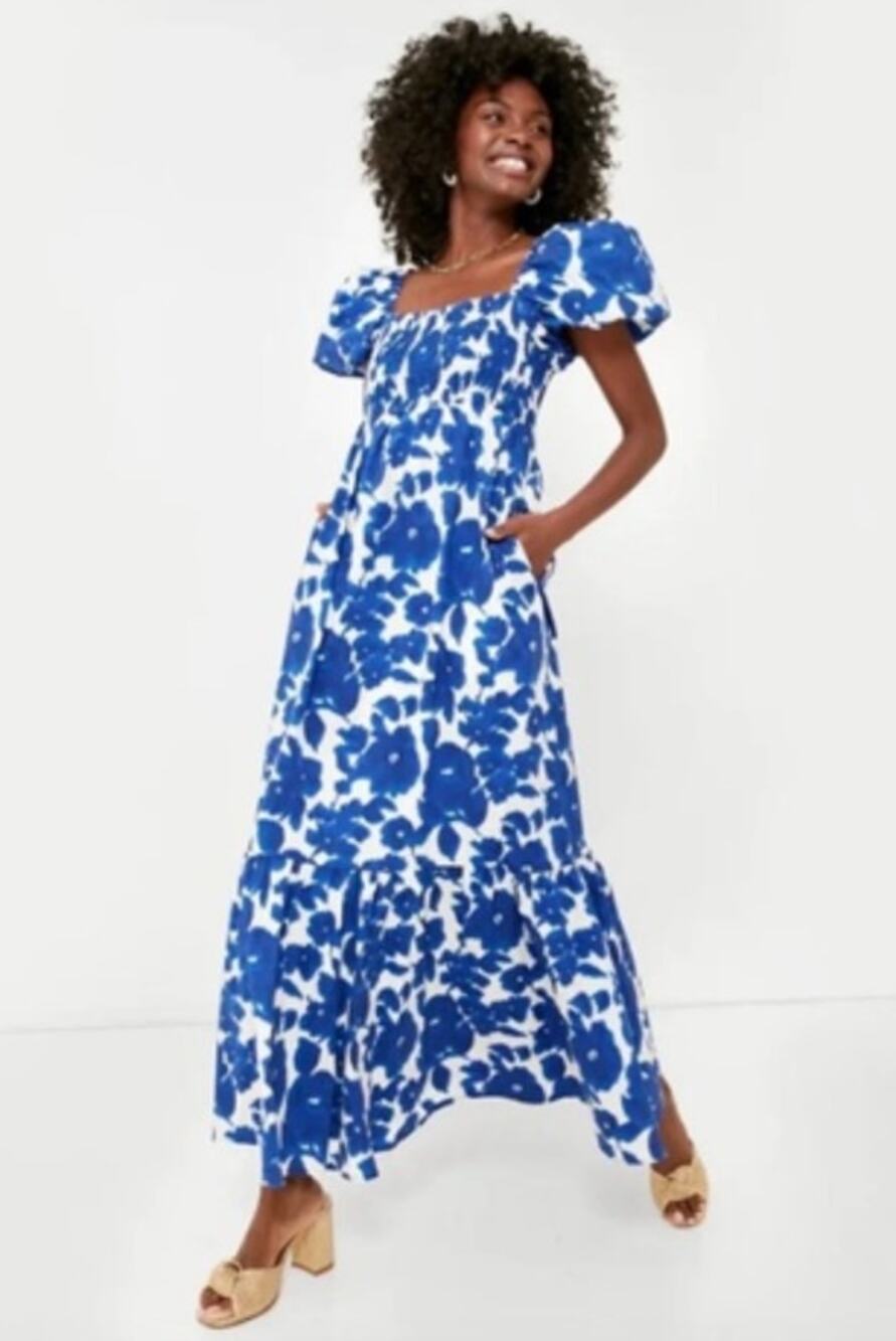Tuckernuck Blue Floral Cotton Smocked Puff Sleeve Maxi Dress Cottagecore Boho S
